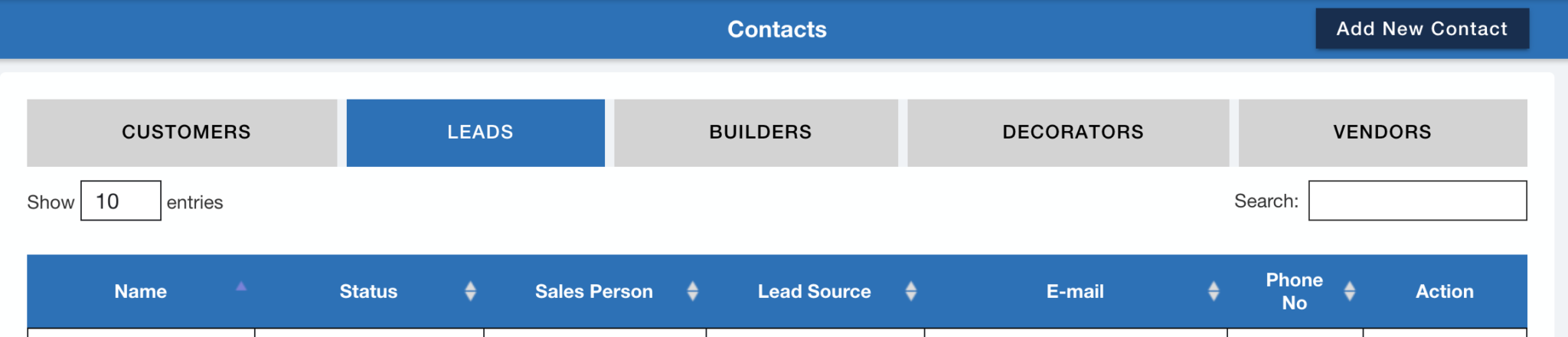 Lead management tab in MyBlindCo portal