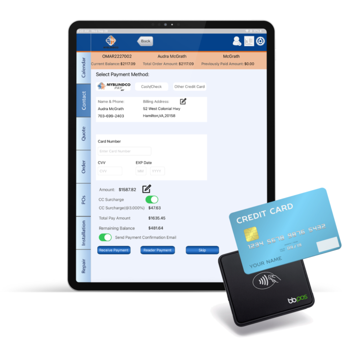 MyBlindCo Pay in the App and example of taking payment via card reader